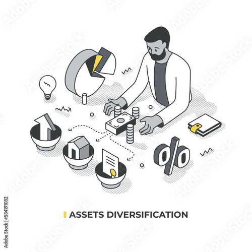 Isometric illustration on assets diversification. Man deciding how to allocate money among baskets, each for a different asset. Ideal for finance, investment, and wealth management topics