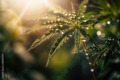 Water droplets on Cannabis leaves, Ai generated.