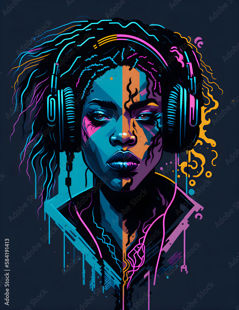 Colourful graffiti illustration of girl hearing music with