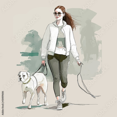 Lifestyle vector illustration, a young beautiful girl in comfortable sportswear on a walk with her pet, ar in a watercolor style a dog on a walk, spring weather
