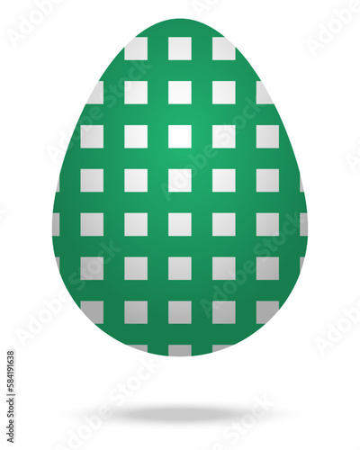 Easter Egg. White chicken egg. Ornament in the form of a green cage. Cast a shadow. Color vector illustration. Isolated background. Flat style. Festive print. Idea for web design, invitations