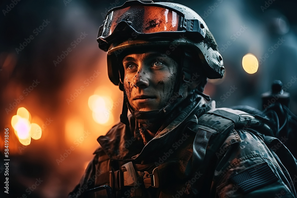 portrait of soldier in modern ammunition at war on battlefield at night. Generative AI