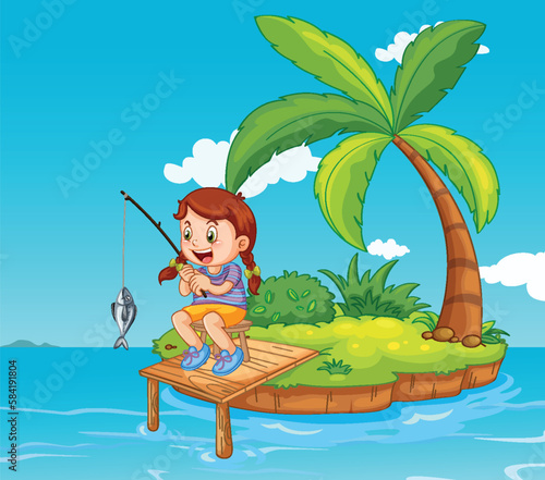 Happy girl fishing on small island