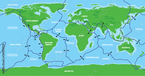 Map of tectonic plates and boundaries