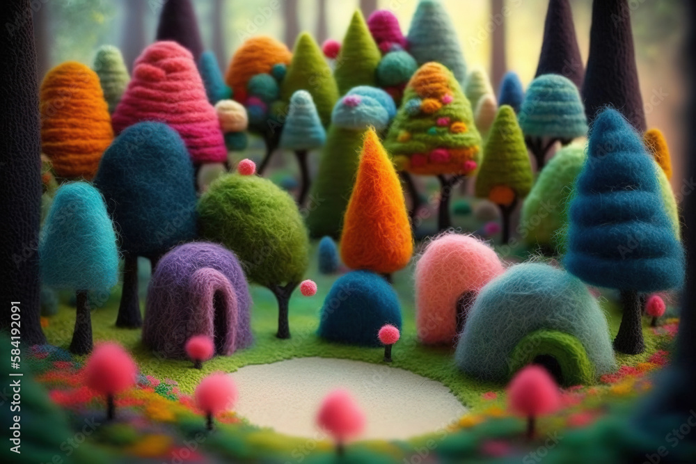 Abstract colorful knitted forest. Psychedelic relaxing wallpaper. AI