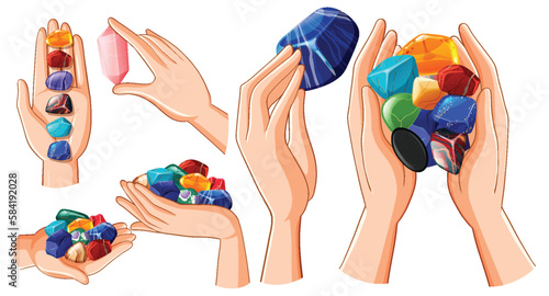 Set of human hands with healing crystals