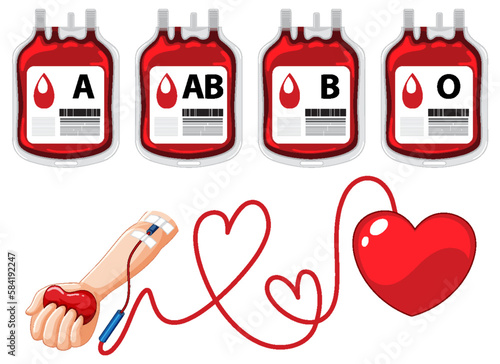 Set of all blood type and human arm donate blood