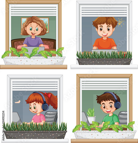 Cartoon Kids Using Laptops for Online Learning