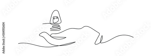 Continuous one line drawing. hand holding lamp on white background. Black thin line hand with heart drawing.	