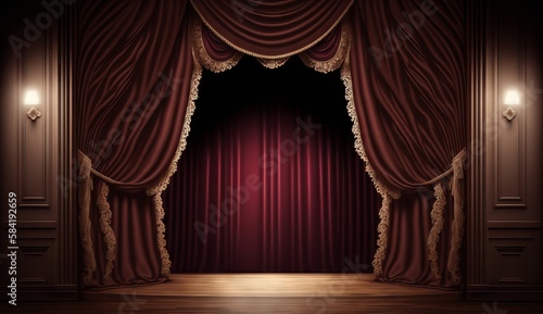 classic maroon curtains with light descended onto the center of the stage. Generative ai