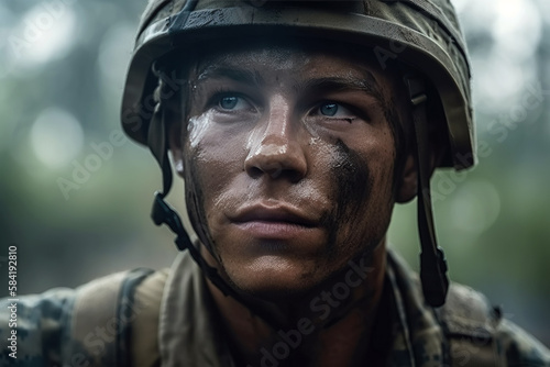 portrait of a soldier in helmet at war on battlefield. Generative AI © alexkoral