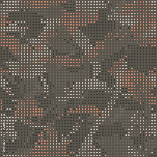 Dark brown camouflage of the LED screen. Urban camo halftone dots texture. Military seamless pattern. Digital background. Vector