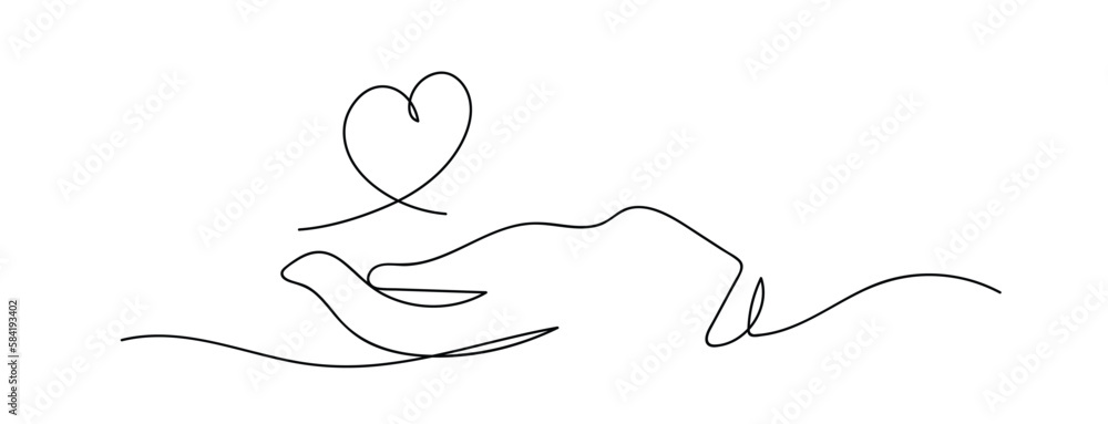 Continuous one line drawing. hand holding heart on white background. Black thin line hand with heart drawing. Continuous one line drawing. hand holding heart on white background. Black thin line hand with heart drawing.