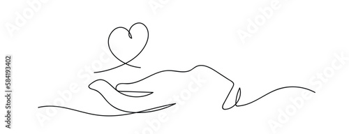 Continuous one line drawing. hand holding heart on white background. Black thin line hand with heart drawing.