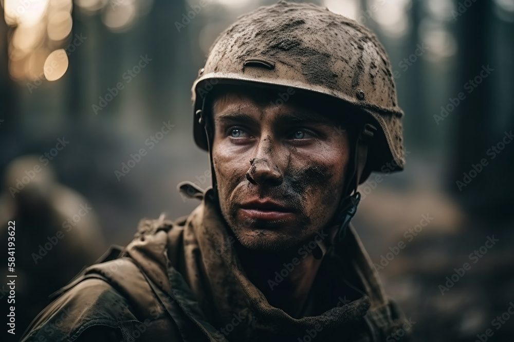 Fototapeta premium portrait of a dirty male soldier at war on battlefield. Generative AI