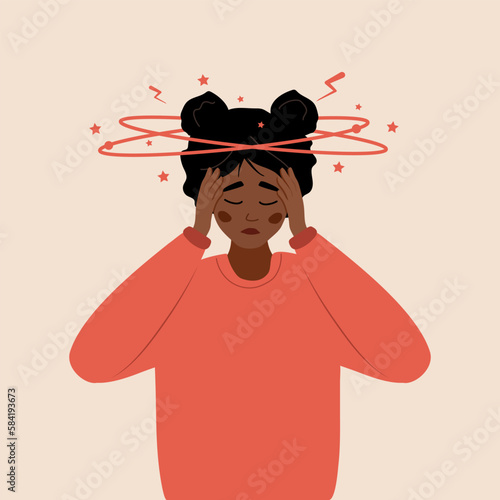 Anemia concept. Sad african woman with dizziness. Unhappy girl suffers from vertigo and headache and needs medical help. Lack of iron in immune system. Vector illustration in flat cartoon style.