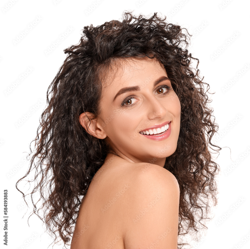 Beautiful young woman with long curly hair on white background Beautiful young woman with long curly hair on white background