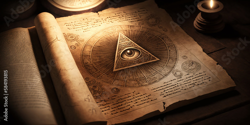 Mysterious ancient illuminati occult manuscript on wooden table photo