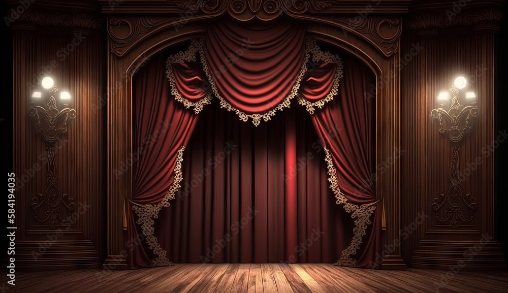 Fototapeta premium classic maroon curtains with light descended onto the center of the stage. Generative ai