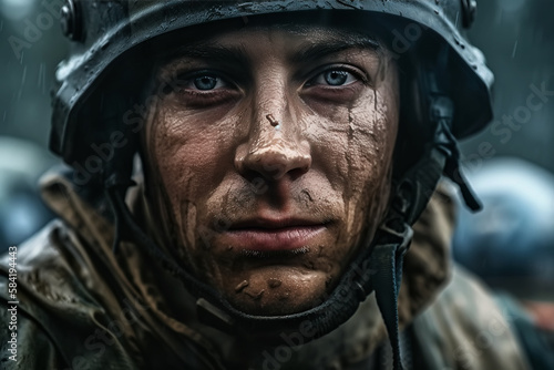 portrait of a crying male soldier on battlefield in war. Generative AI © alexkoral