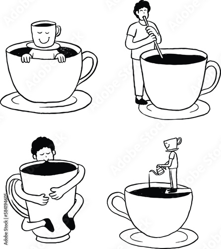 Surreal doodle character mascot fun coffee cafe shop. Hand drawn vector illustration.