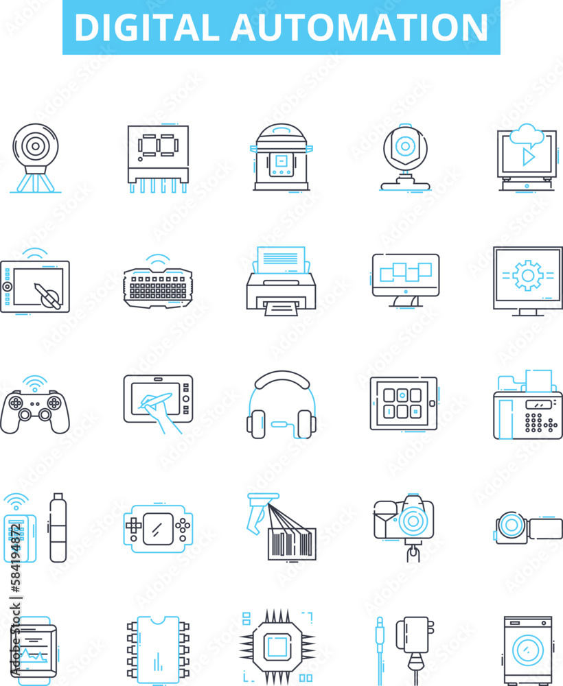 Digital automation vector line icons set. Digital, Automation, Robotics, AI, Machine-Learning, Objects, Control illustration outline concept symbols and signs Digital automation vector line icons set. Digital, Automation, Robotics, AI, Machine-Learning, Objects, Control illustration outline concept symbols and signs