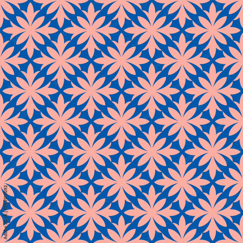 Blue seamless pattern with pink abstract flower