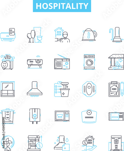 Hospitality vector line icons set. hospitality, accommodation, service, reception, amenities, courtesy, hosting illustration outline concept symbols and signs