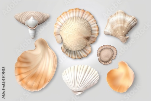 Flat lay arrangements of sea shells and other things collected on beaches. Generative ai © cac_tus