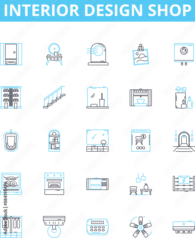 Interior design shop vector line icons set. Interiors, Design, Shop, Furniture, Decor, Home, Accessories illustration outline concept symbols and signs Interior design shop vector line icons set. Interiors, Design, Shop, Furniture, Decor, Home, Accessories illustration outline concept symbols and signs