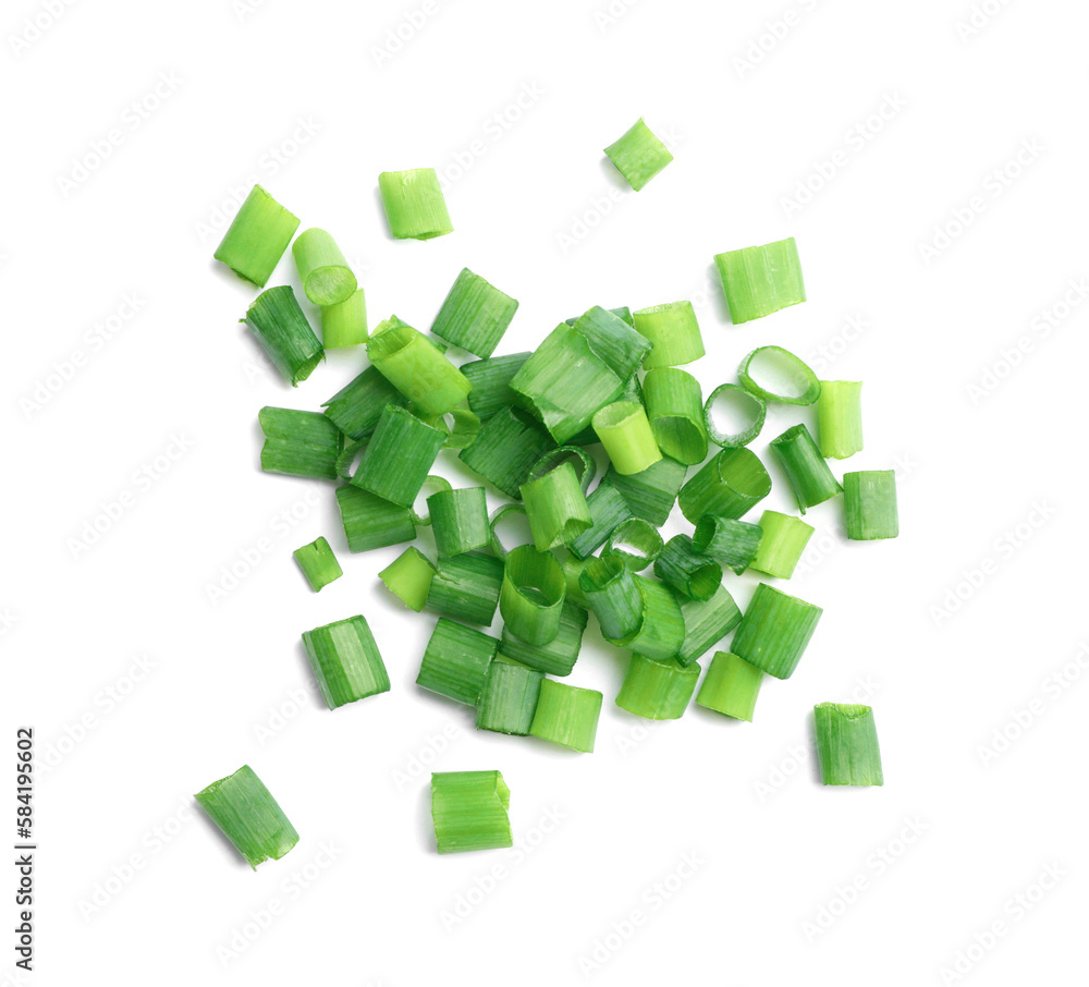 Pile of fresh green onion on white background, top view Pile of fresh green onion on white background, top view