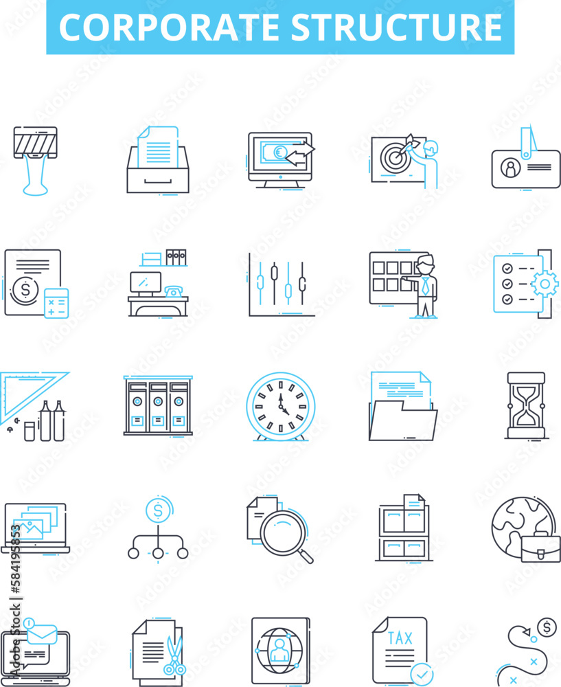 Corporate structure vector line icons set. Organisation, Hierarchy, Network, Framework, Corporate, Division, Reporting illustration outline concept symbols and signs