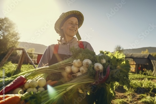 девушка фермер с урожаем овощей
