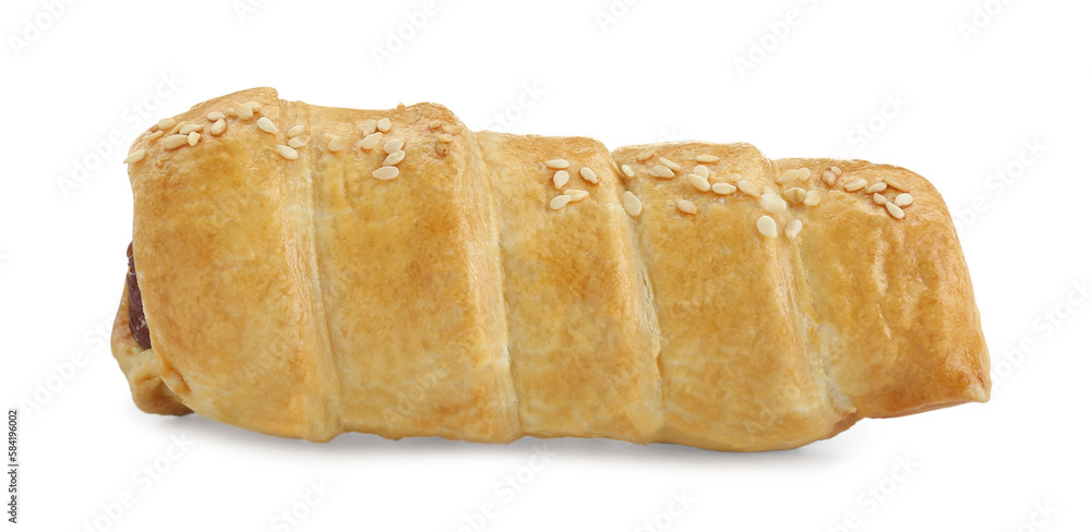 One delicious sausage roll isolated on white One delicious sausage roll isolated on white