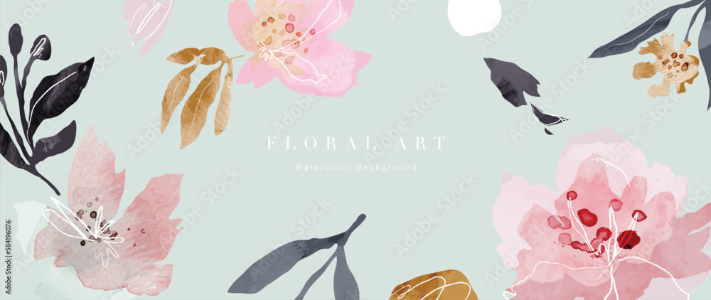Abstract floral background vector. Spring plant watercolor hand drawn flowers with watercolor texture. Design illustration for wallpaper, banner, print, poster, cover, greeting and invitation card.