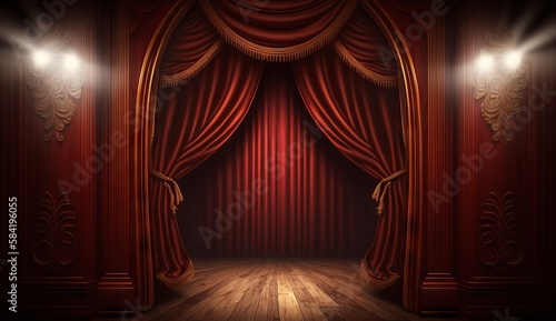 classic maroon curtains with light descended onto the center of the stage. Generative ai