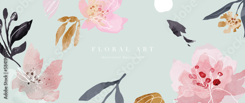 Abstract floral background vector. Spring plant watercolor hand drawn flowers with watercolor texture. Design illustration for wallpaper, banner, print, poster, cover, greeting and invitation card. © TWINS DESIGN STUDIO