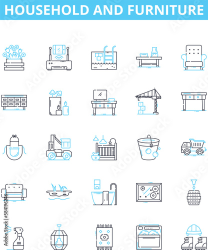 Household and furniture vector line icons set. Furniture, Sofa, Chair, Table, Couch, Shelves, Beds illustration outline concept symbols and signs