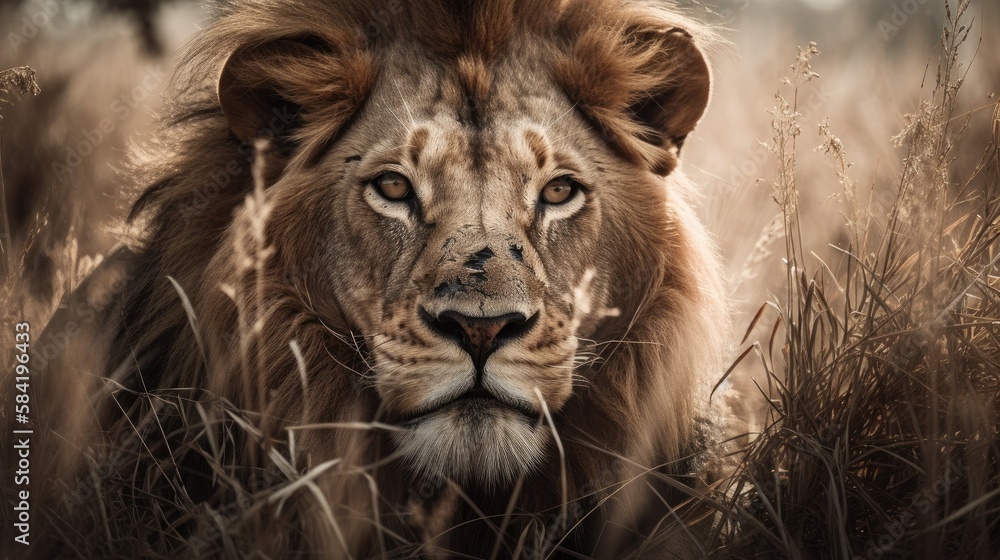 Majestic Lion Standing Tall in the Wilderness, Powerful Wildlife Photography, Generated by AI Majestic Lion Standing Tall in the Wilderness, Powerful Wildlife Photography, Generated by AI