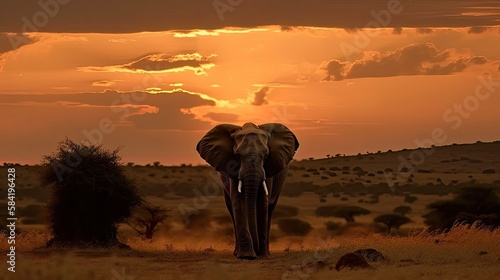 Lone Elephant Standing Tall Against the Horizon, Majestic Wildlife Photography, Generated by AI