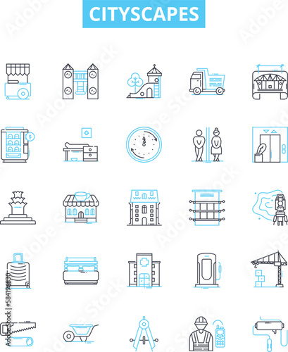 Cityscapes vector line icons set. Urban, skyline, metropolis, metropolises, vista, architecture, buildings illustration outline concept symbols and signs