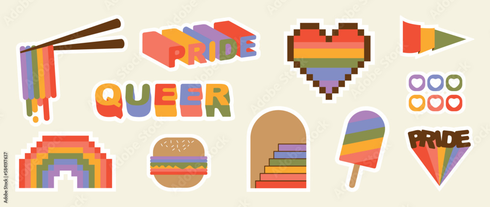 Happy Pride LGBTQ element set. LGBTQ community symbols with hamburger, flag, heart, quote. Elements illustrated for pride month, bisexual, transgender, gender equality, sticker, rights concept.