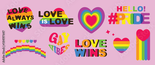 Happy Pride LGBTQ element set. LGBTQ community symbols with rainbow, heart, quote. Elements illustrated for pride month, bisexual, transgender, gender equality, sticker, rights concept.