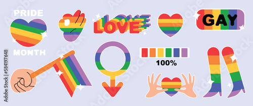 Happy Pride LGBTQ element set. LGBTQ community symbols with shoe, emoji, flag, heart, quote. Elements illustrated for pride month, bisexual, transgender, gender equality, sticker, rights concept.