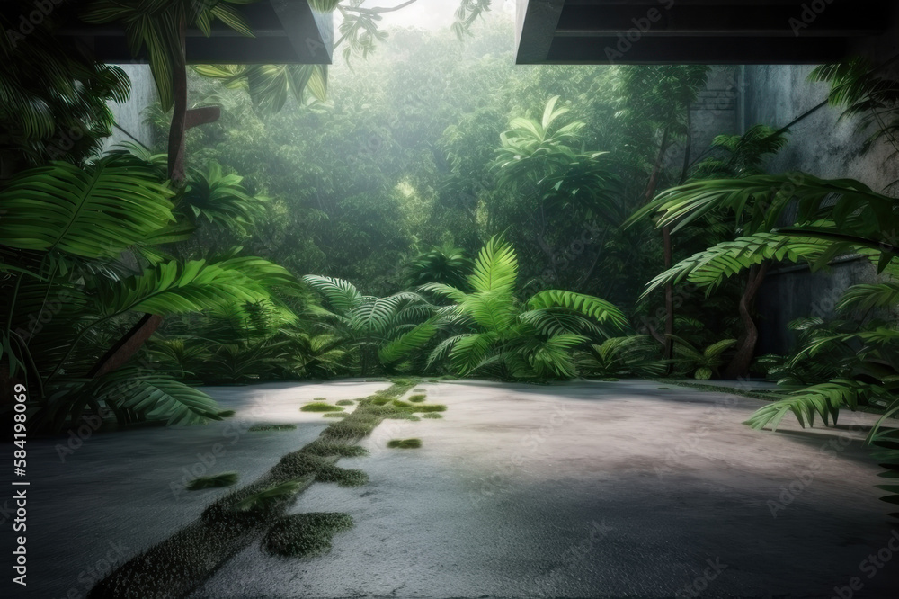 Background, concrete floor in the building against the backdrop of the jungle. AI generative.