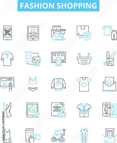 Fashion shopping vector line icons set. Clothing, Shopping, Style, Garments, Outfits, Trends, Apparel illustration outline concept symbols and signs