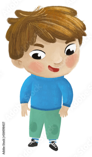 cartoon cheerful child kid boy dressed for autumn, spring or winter childhood illustration for children