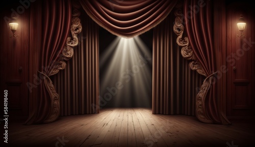 classic maroon curtains with light descended onto the center of the stage. Generative ai
