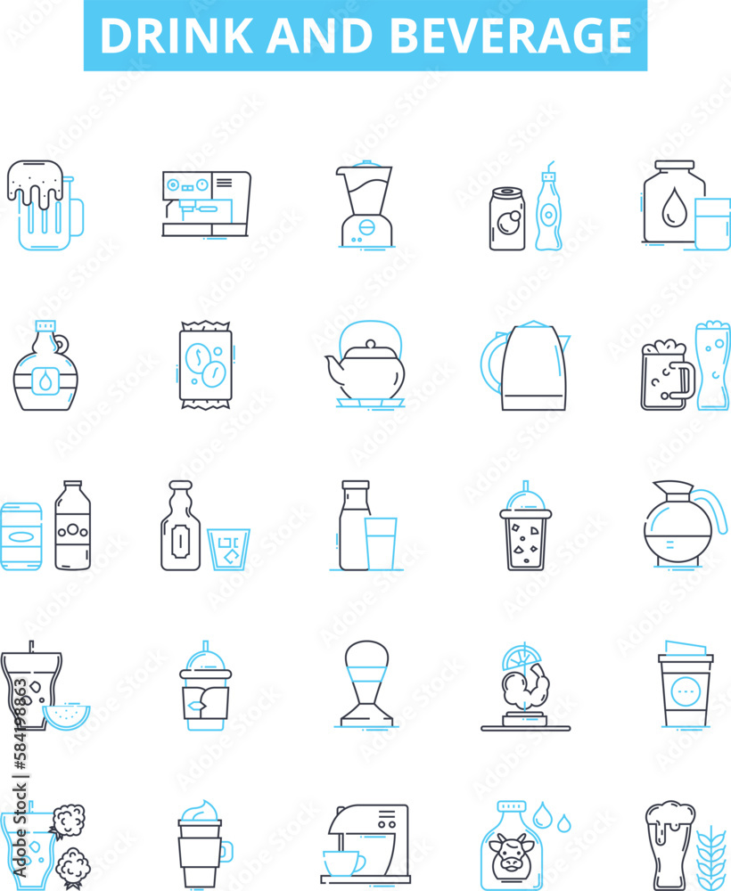 Drink and beverage vector line icons set. Drink, Beverage, Juice, Coffee, Tea, Beer, Wine illustration outline concept symbols and signs Drink and beverage vector line icons set. Drink, Beverage, Juice, Coffee, Tea, Beer, Wine illustration outline concept symbols and signs
