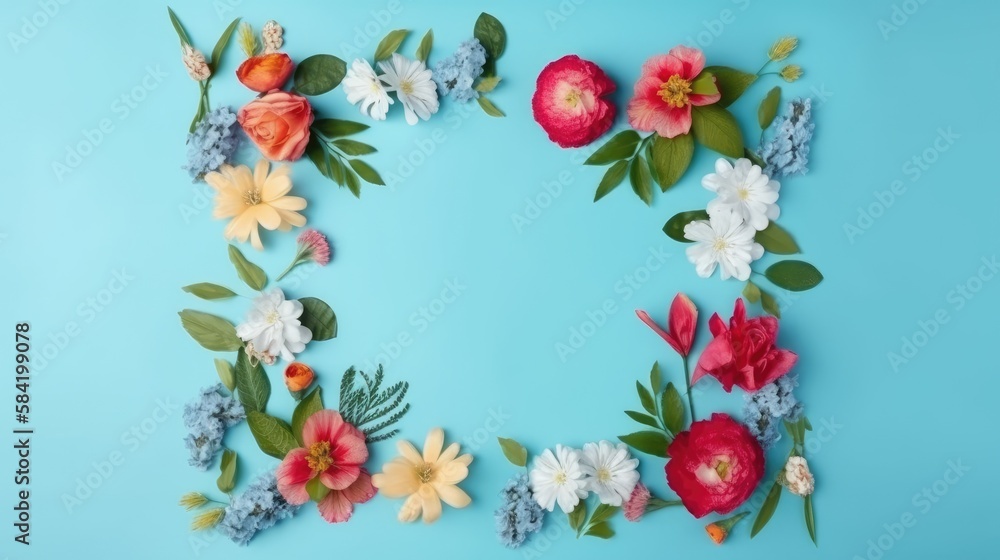 Fototapeta premium Spring flowers frame on blue background. Top view. Flat lay. Copy space. Generative ai.